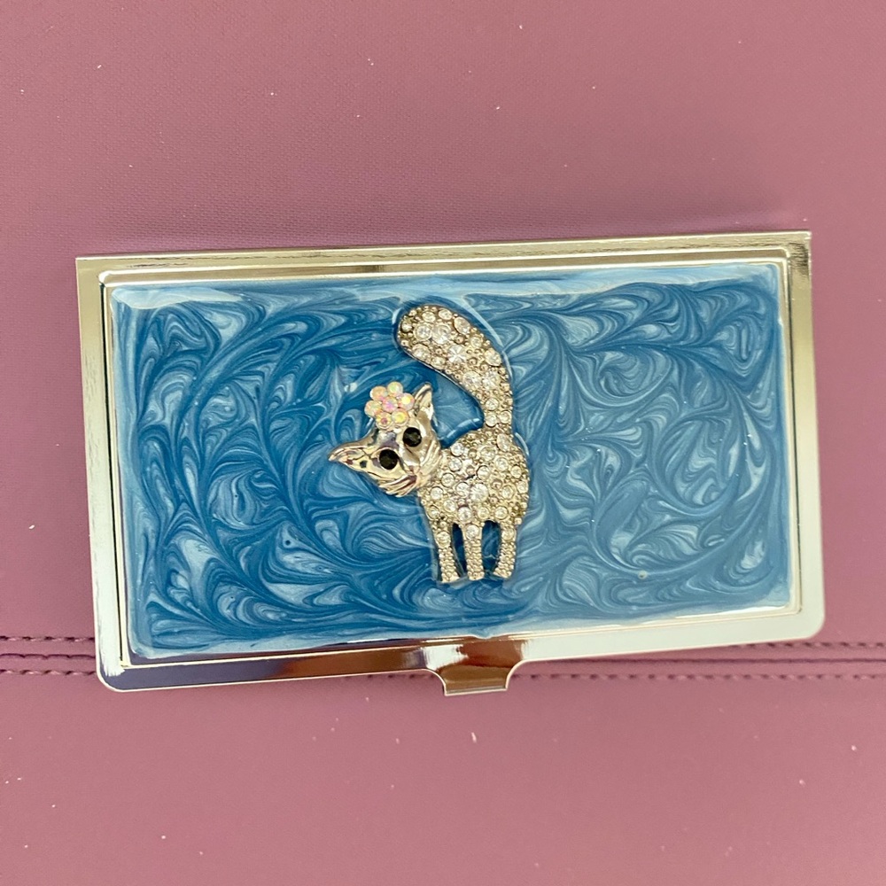 Vintage Blue  and Silver Card Holder with Rhinestone Cat